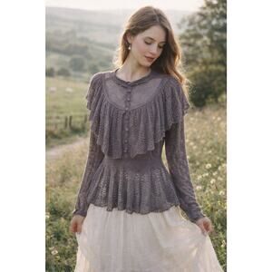 Boho Crochet Knit Sweater Peplum Ruffle Sheer Lace Gray Romantic Top S Cottage
